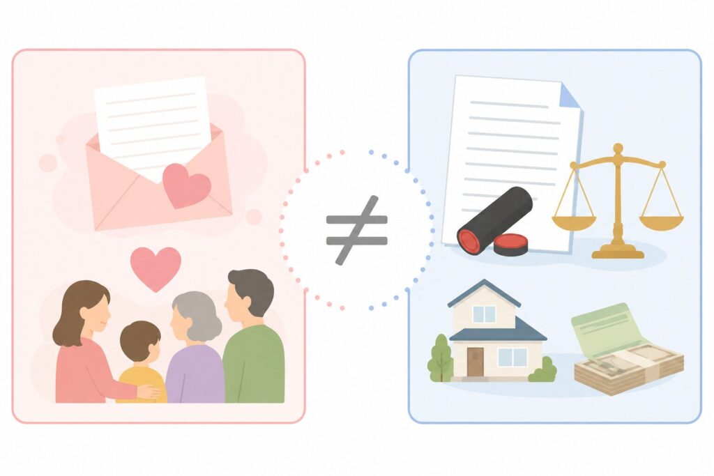 「遺書」と「遺言」の違いを比較した図解イラスト。左側は家族への手紙や感謝の気持ちを表すハートと家族のイラスト、右側は法的効力を持つ遺言書・印鑑・家・天秤を配置し、感情的なメッセージと法的文書の違いを表現している。