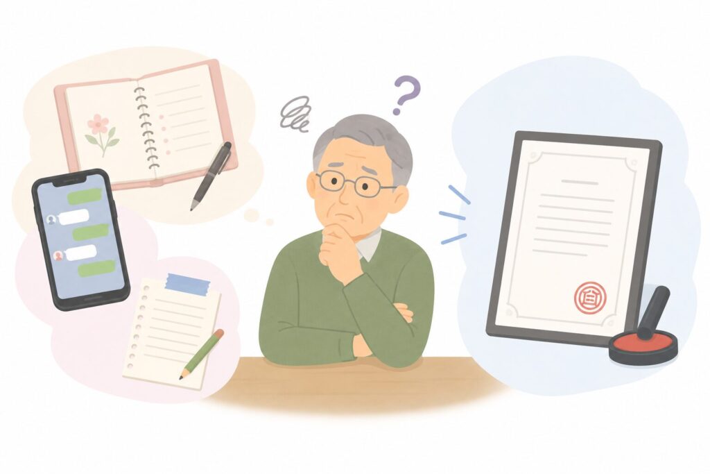 エンディングノートやLINE、メモ書きだけで十分なのか悩む高齢者と、正式な遺言書を対比したイラスト。左側にはスマートフォンのLINE画面やエンディングノート、手書きメモがあり、右側には印鑑付きの正式な遺言書が配置され、「想いを残すこと」と「法的効力」の違いを表現している。