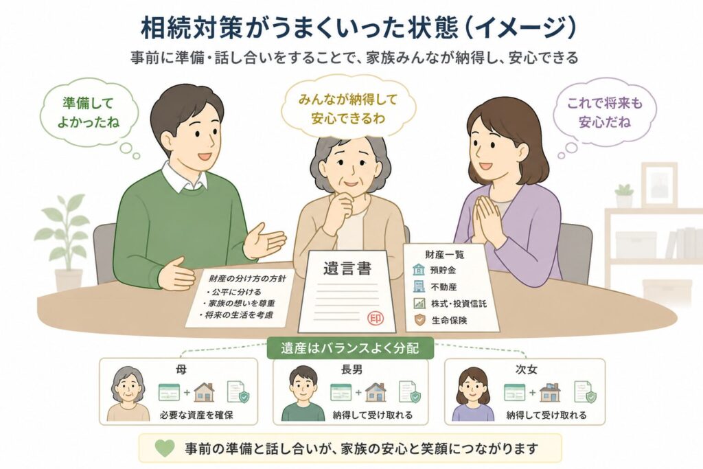 相続対策がうまくいき、家族が遺言書をもとに穏やかに話し合い納得している様子のイラスト。財産がバランスよく分けられている状態を表現している
