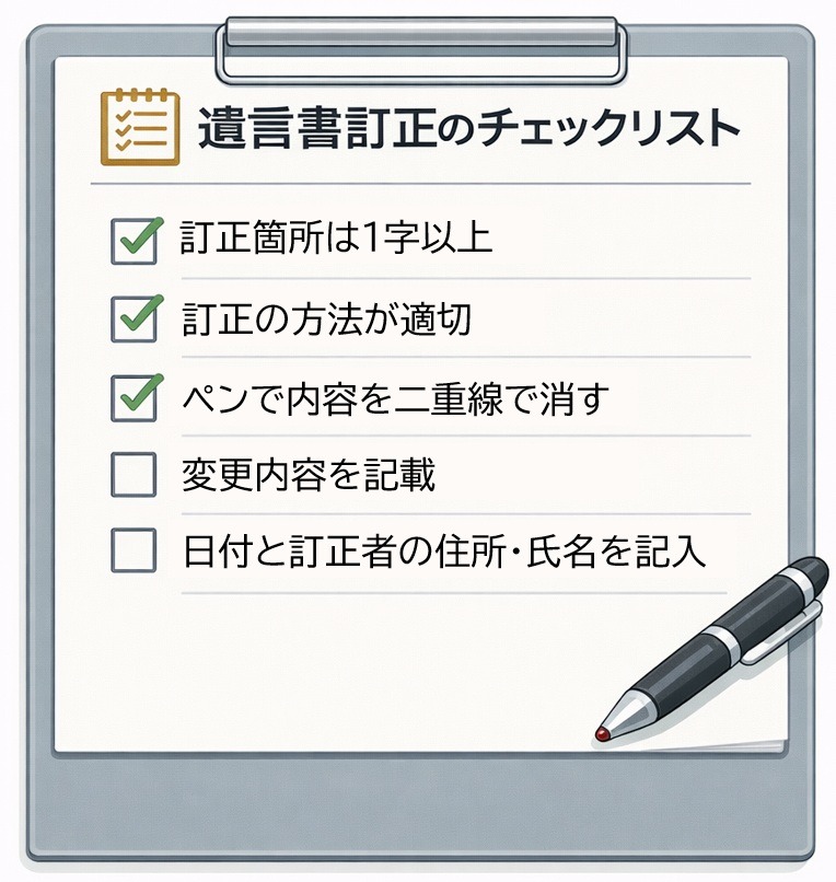 遺言書訂正のチェックポイントをまとめたチェックリストのイラスト