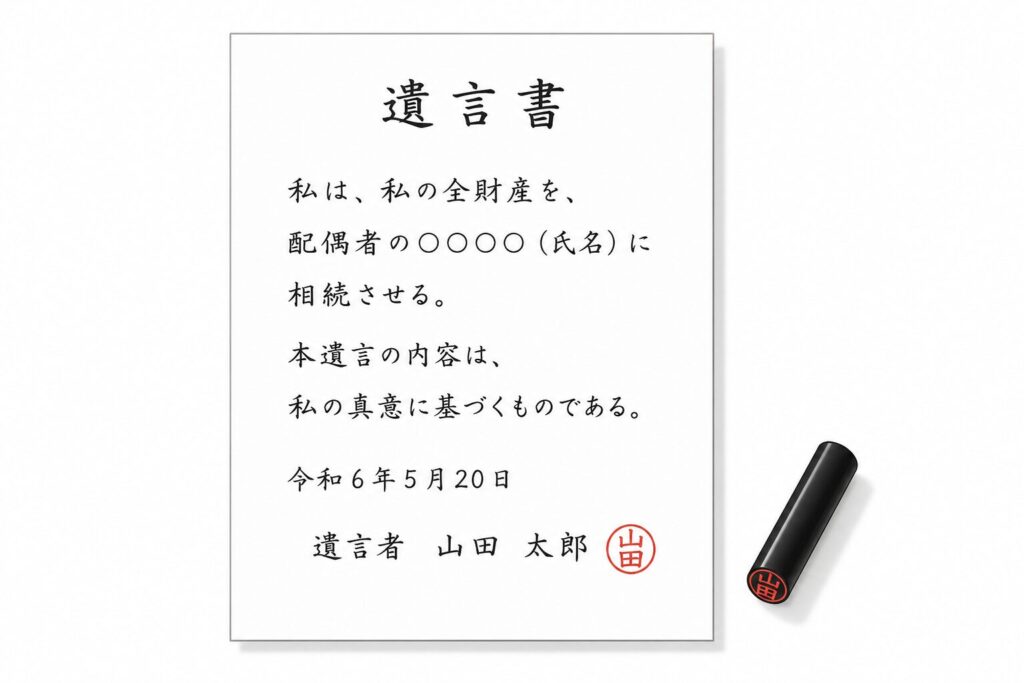 A4用紙に手書きで作成された自筆証書遺言と印鑑を描いたシンプルなイラスト。配偶者へ全財産を相続させる内容が記載されており、白背景で清潔感のあるデザイン。