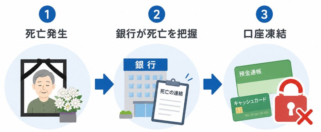銀行口座が凍結される流れを示す図解(死亡発生→銀行が把握→口座凍結)