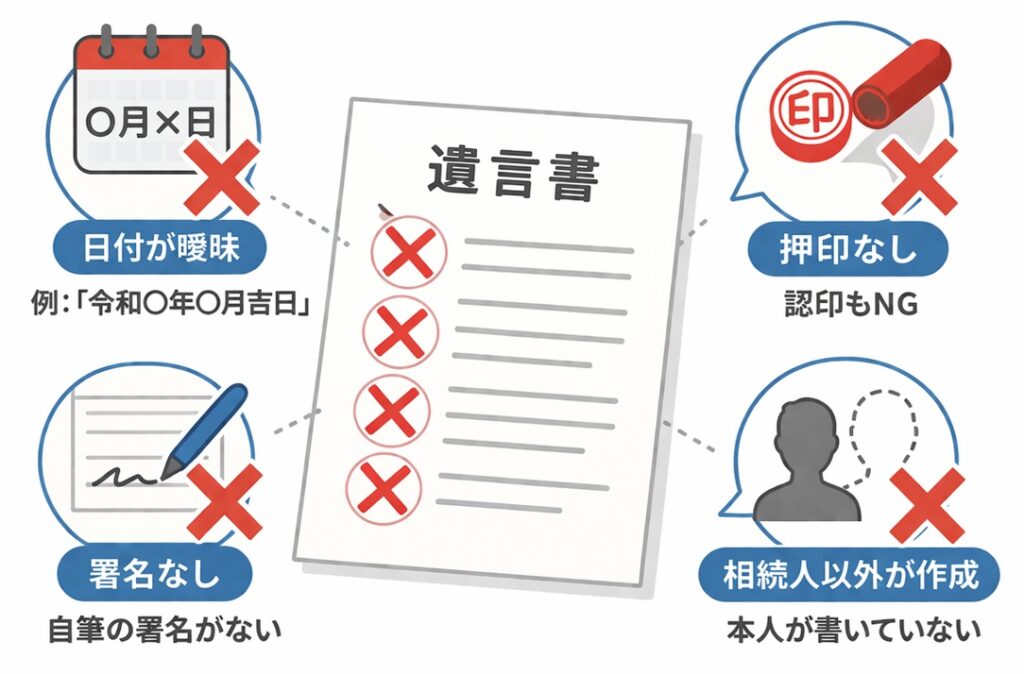 遺言書に複数のバツ印がつき、日付不備や署名なしなどのミスを示すアイコンが配置された図解