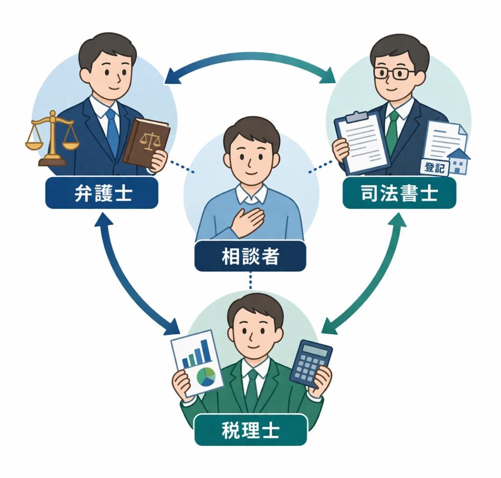 弁護士・司法書士・税理士が連携して相続手続きをサポートする図。中央の相談者を3人の専門家が囲み、役割分担して対応している様子を示している。