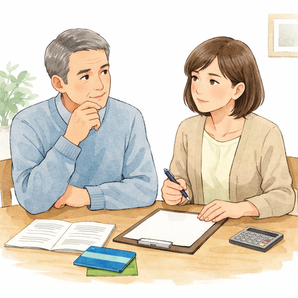 遺言書の作成について話し合う日本人の中高年夫婦のイラスト