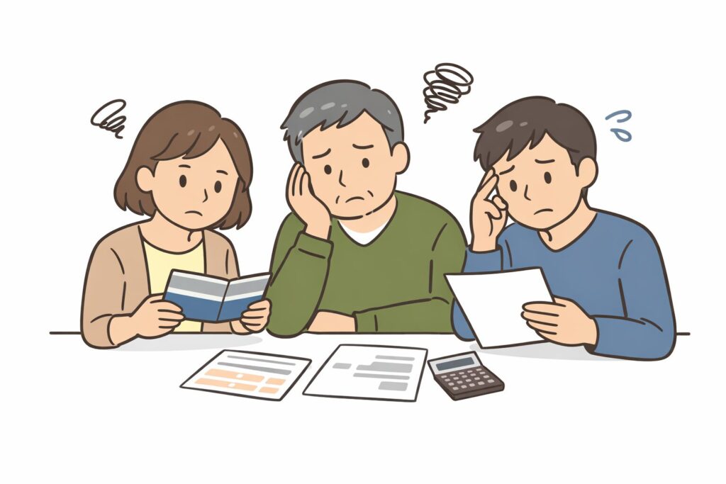 故人の銀行口座の手続きに困り、通帳や書類を見ながら悩む家族の様子