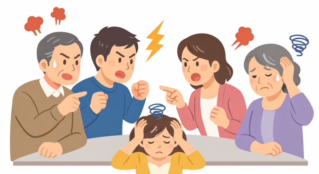 相続を巡って家族が言い争いをしている様子のイラスト。兄弟や親族が対立し、困惑やストレスを感じている表情が描かれている。