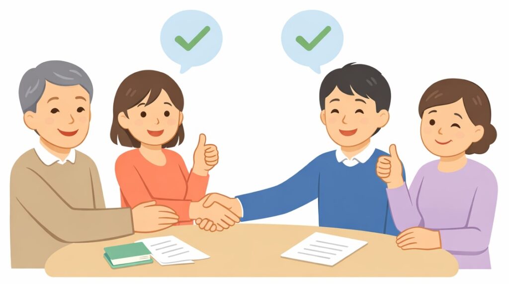 相続人同士が話し合いをして合意し、安心している家族の様子