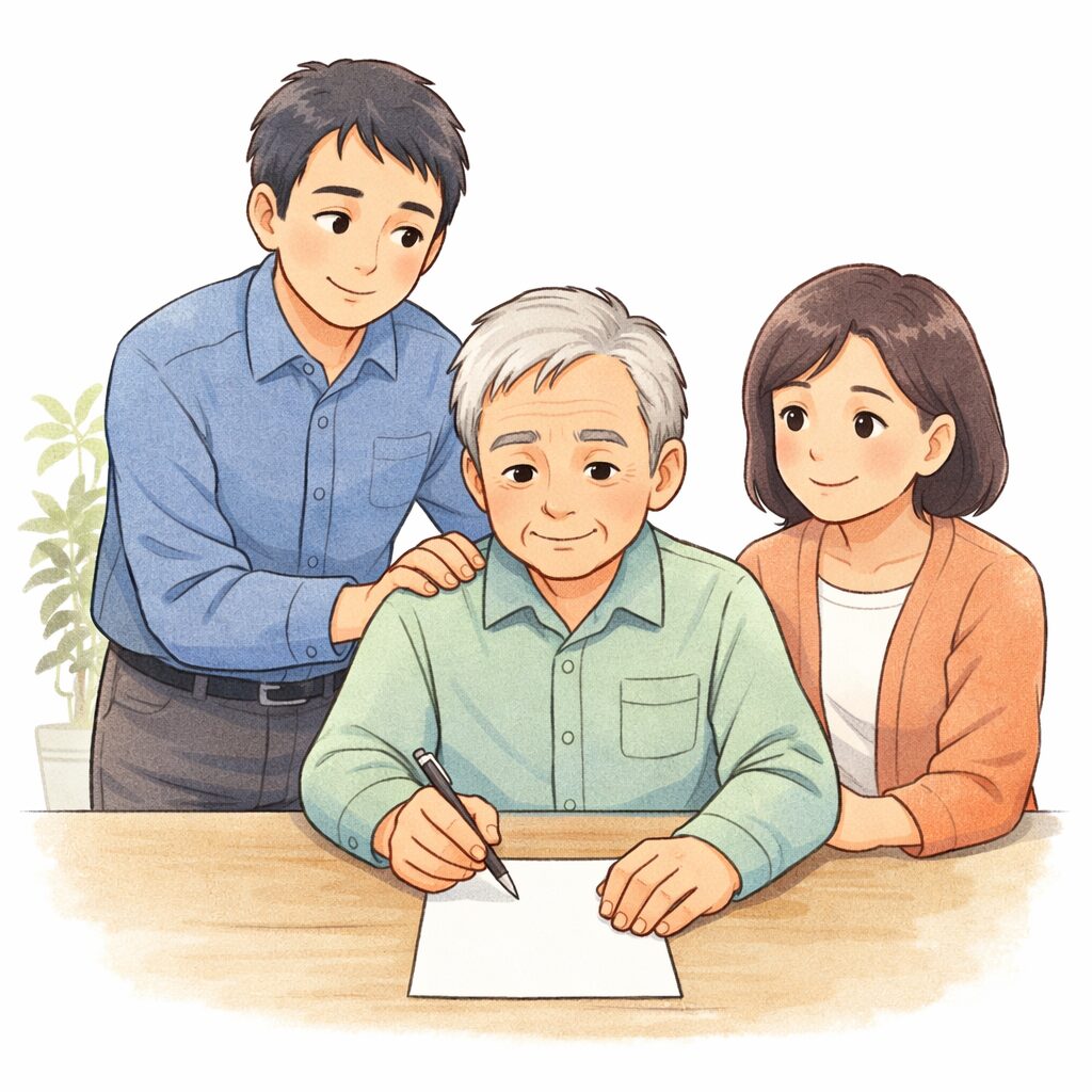 高齢の日本人男性が遺言書を作成している様子を、家族が見守っているイラスト。安心感のある穏やかな雰囲気。