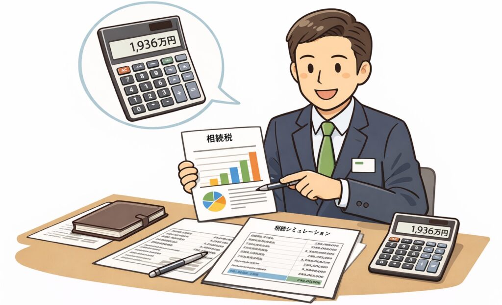 税理士が相続税の計算やシミュレーションを行い、資料やグラフを使って説明しているイラスト
