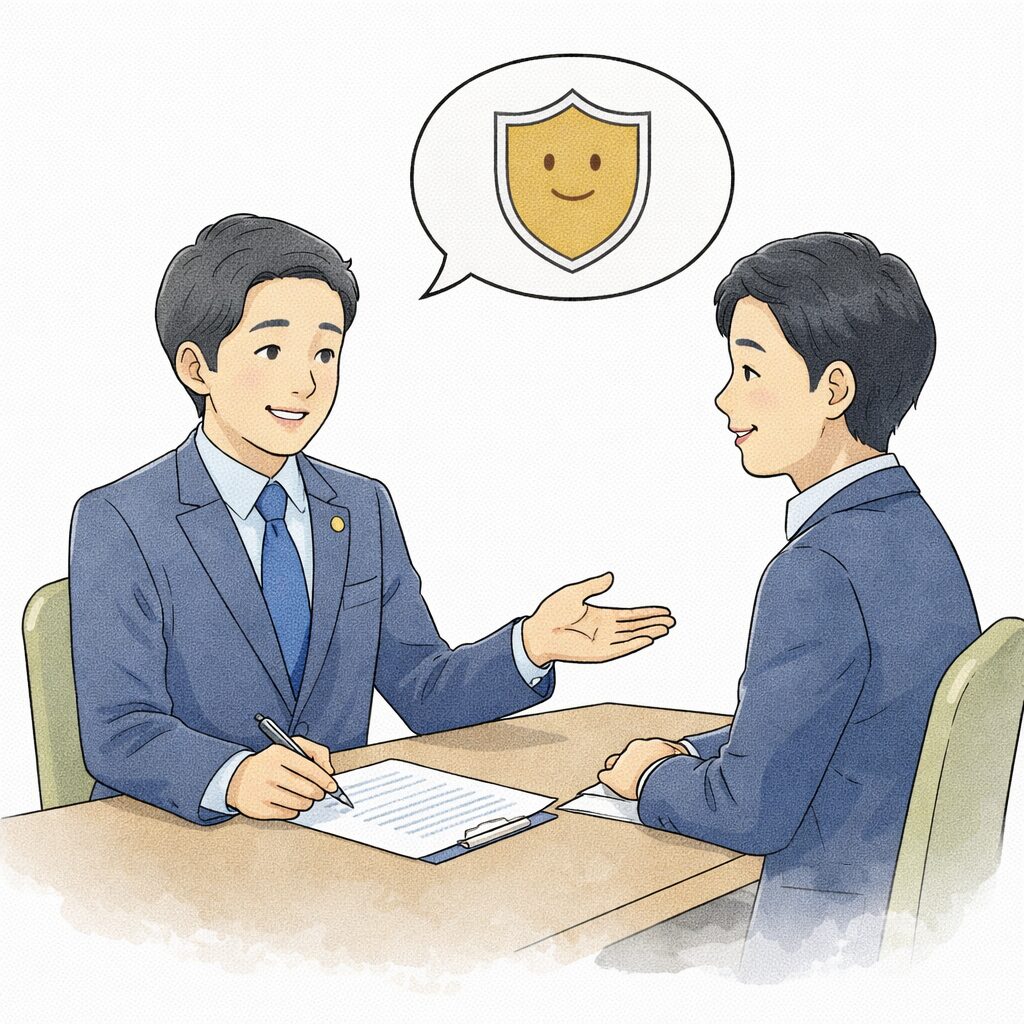行政書士に相談し安心した表情で話している日本人男性のイラスト