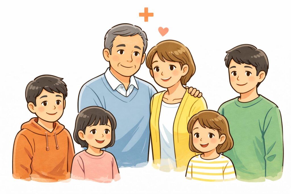再婚や家族構成の変化で家族が増えた様子を表す日本人家族のイラスト