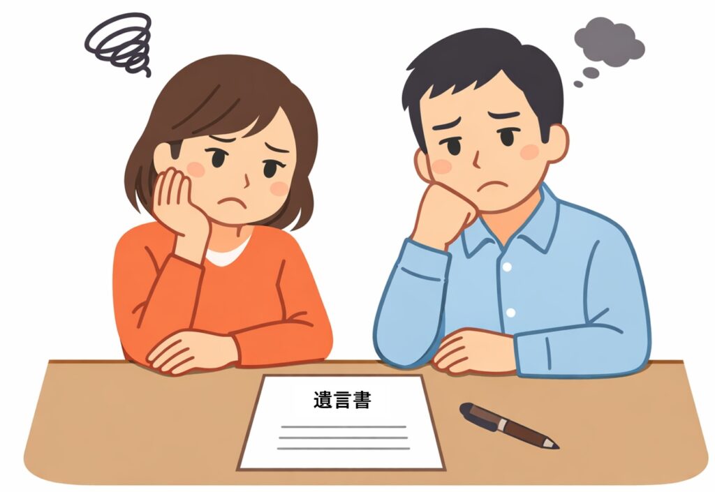 遺言書の内容に納得できず悩んでいる男女のイラスト