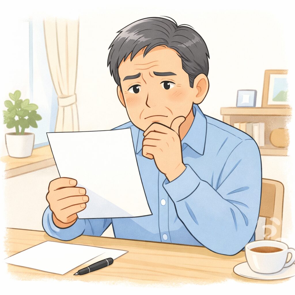 遺言書を手にして内容に悩む中高年の日本人男性のイラスト