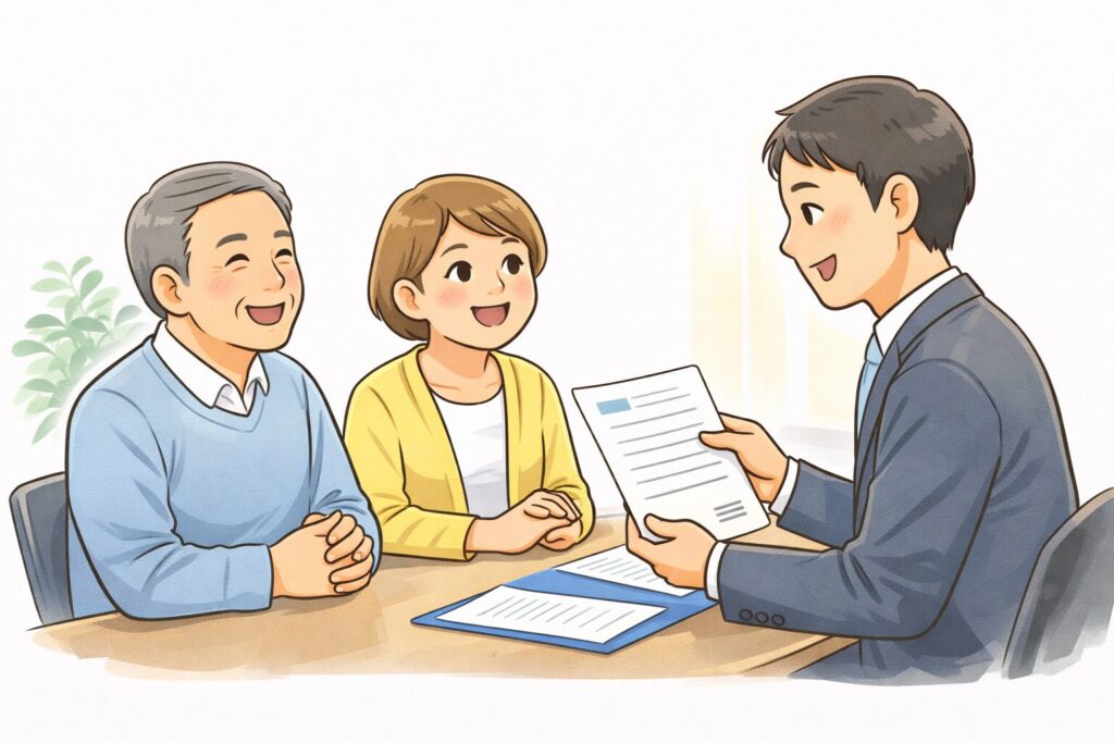 行政書士から説明を受けて安心している日本人の高齢夫婦のイラスト