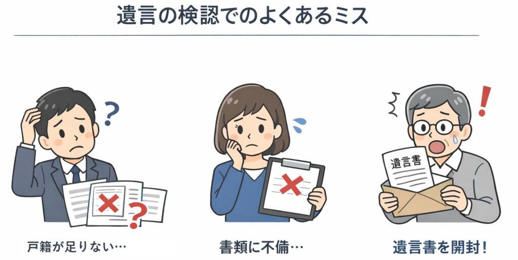 遺言の検認手続きでよくあるミス（戸籍不足、書類不備、遺言書の開封）を3つのシーンで表現した図解イラスト