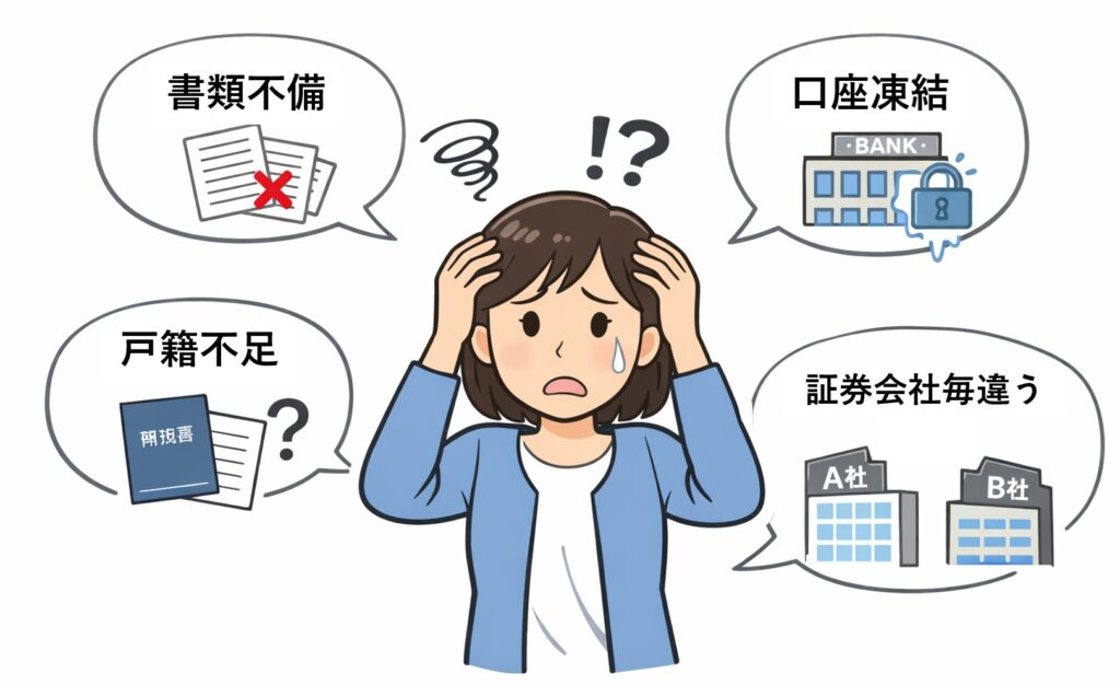 相続手続きで複数の問題に直面し混乱している人物のイラスト