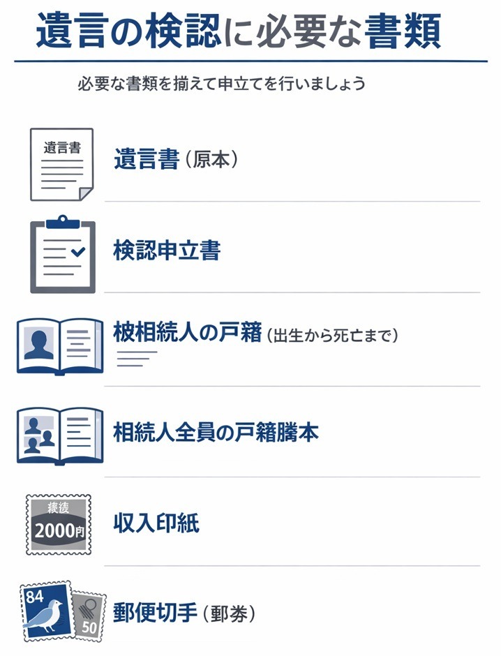 遺言の検認に必要な書類（遺言書原本、検認申立書、被相続人の戸籍、相続人の戸籍謄本、収入印紙、郵便切手）をアイコン付きで整理した図解