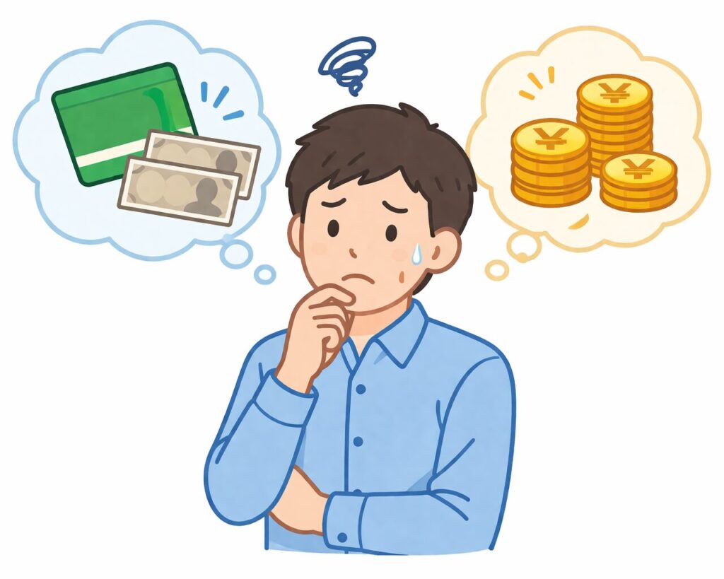 費用について悩む人物のイラスト。通帳や現金、コインのアイコンを見ながら不安そうに考えている様子を表現している。