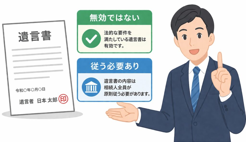 遺言書の有効性と従う必要があることを専門家が説明しているイラスト