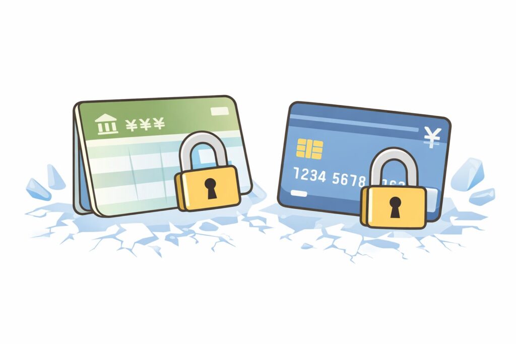 銀行口座が凍結され、通帳とキャッシュカードにロックがかかっているイメージ