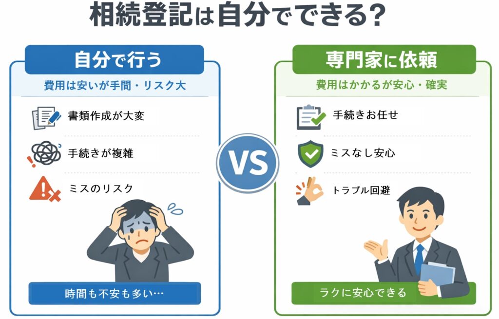 相続登記を自分で行う場合と専門家に依頼する場合の違いを比較した図解