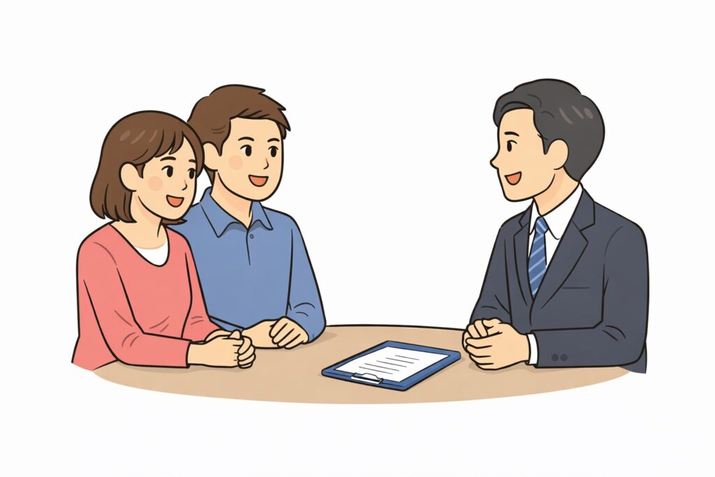 専門家に相談し安心して話している男女のイラスト