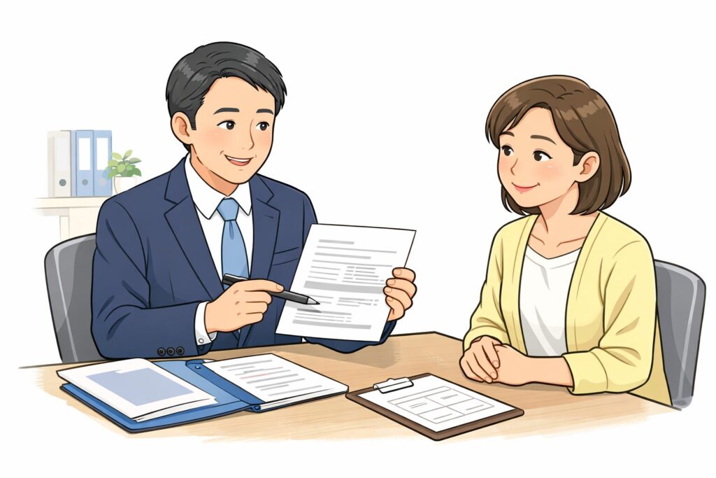 行政書士が依頼者に相続手続きを丁寧に説明し安心している様子
