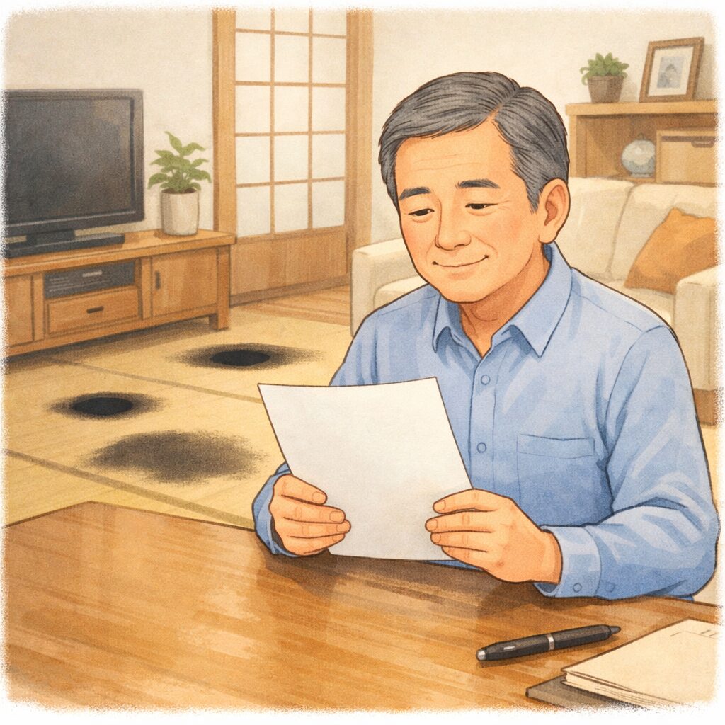 遺言書を手に安心している中高年男性の背後に見えないリスクを示す影が広がるイメージ
