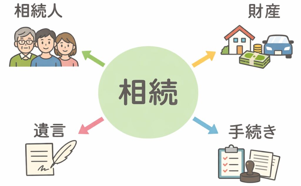 相続の全体像を示した図解。相続人・財産・手続き・遺言の関係を整理