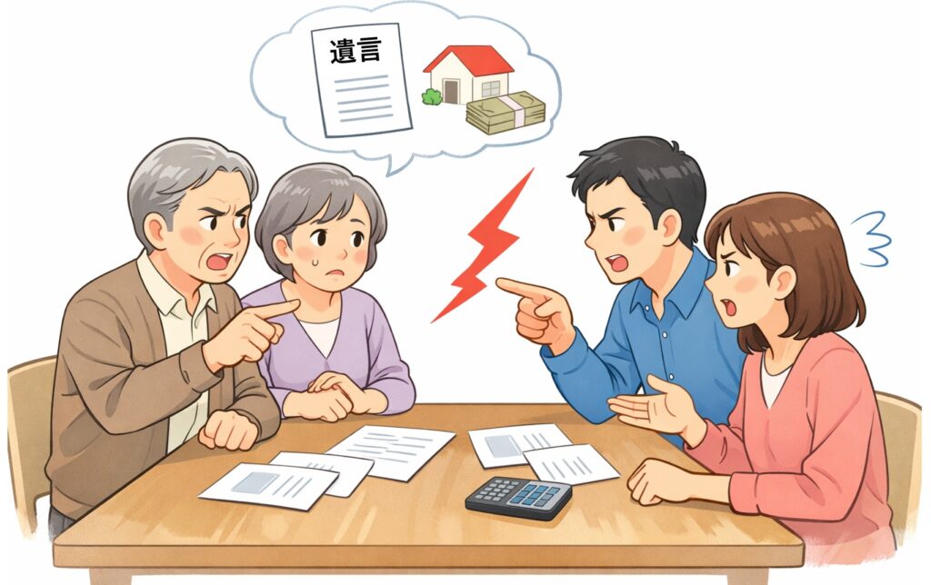 相続トラブルで家族が話し合い中に意見が対立している様子のイラスト