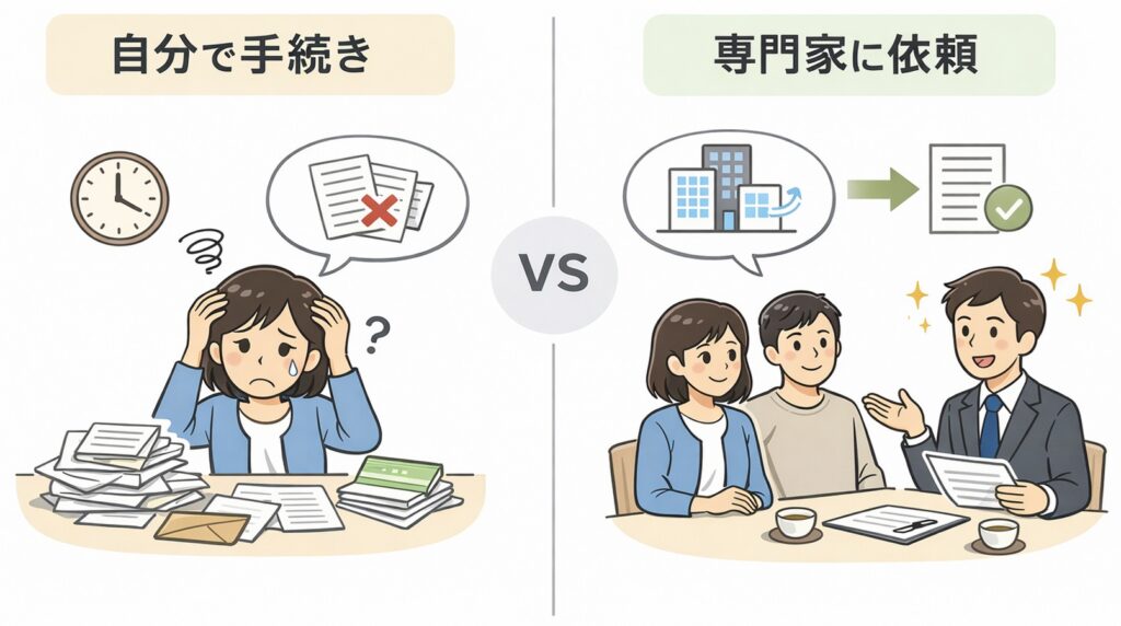 相続手続きを自分で行う場合と専門家に依頼する場合の違いを示した比較図