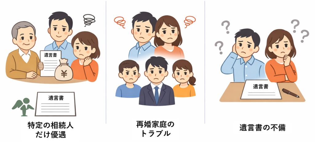 遺言書に関する3つのトラブル例をイラストで示した図解