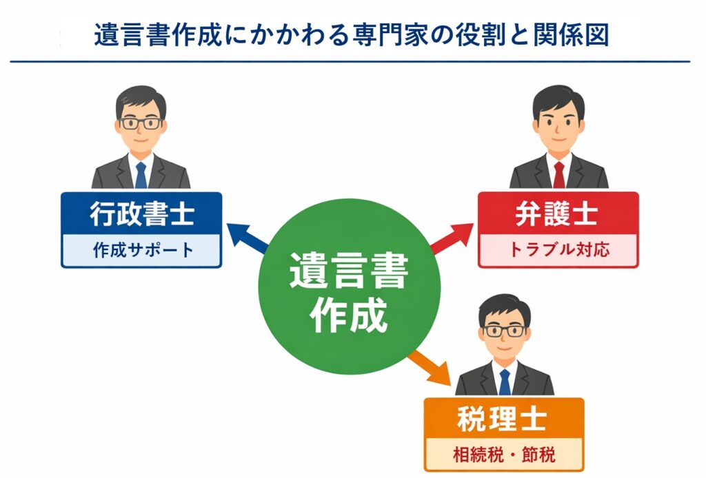 遺言書作成に関わる専門家（行政書士・弁護士・税理士）の役割と関係を示した図解