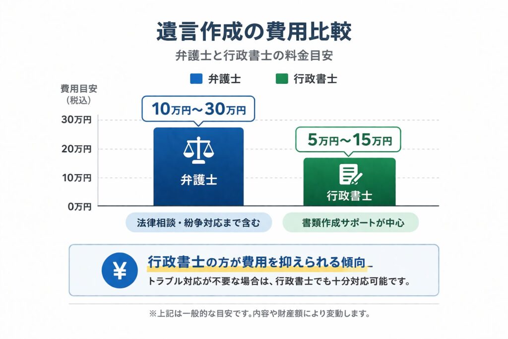 遺言作成の費用を弁護士と行政書士で比較した図。弁護士は10万円〜30万円、行政書士は5万円〜15万円の目安を棒グラフで示している。