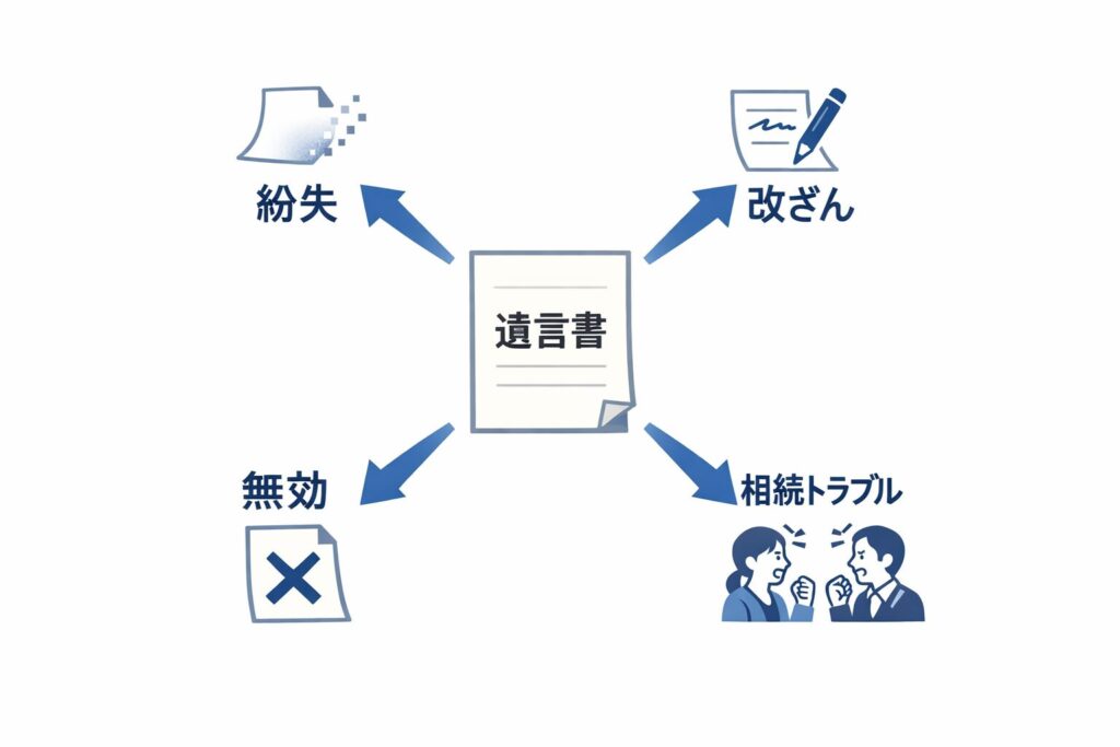 遺言書を中心に、紛失・改ざん・無効・相続トラブルといったリスクが矢印で向かっている図解イラスト