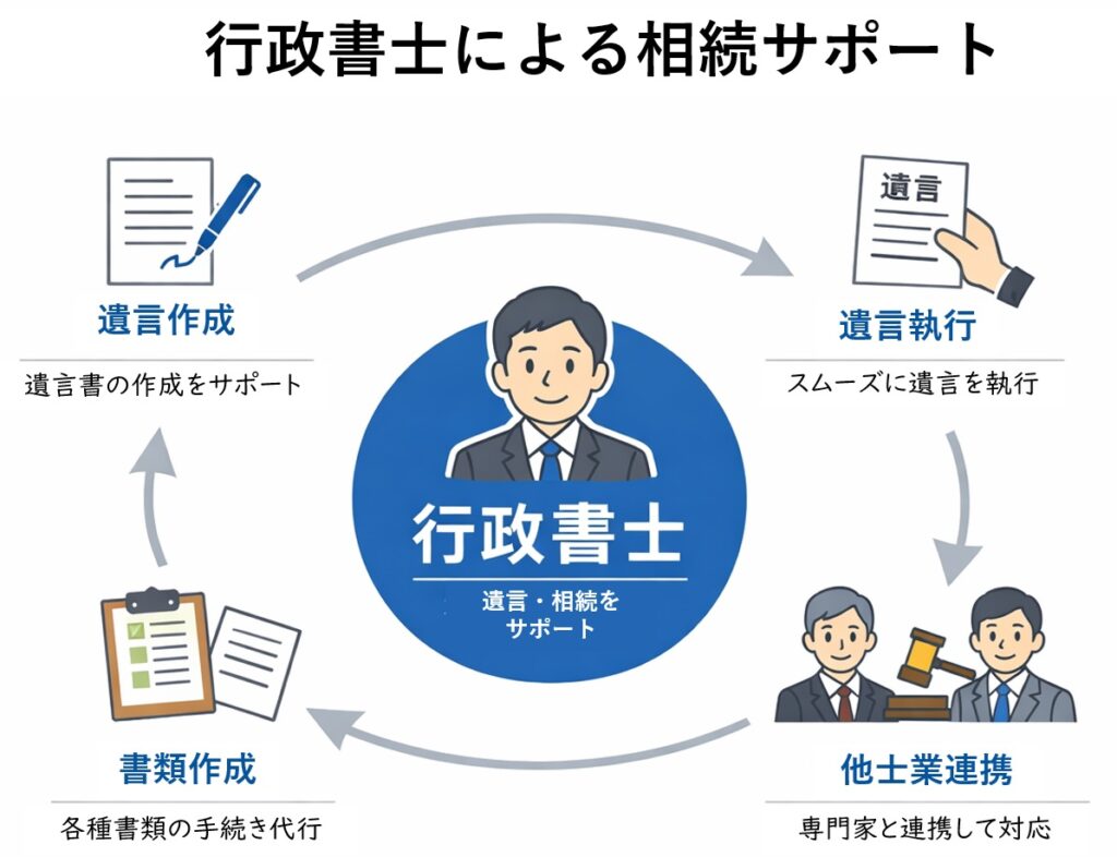 行政書士による相続サポートの内容（遺言作成・遺言執行・書類作成・他士業連携）を示した図解