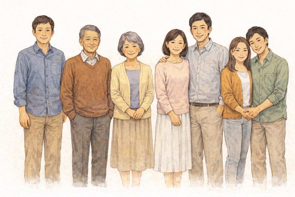 独身者や高齢者、夫婦、内縁カップルなどさまざまな立場の人々が並ぶイラスト