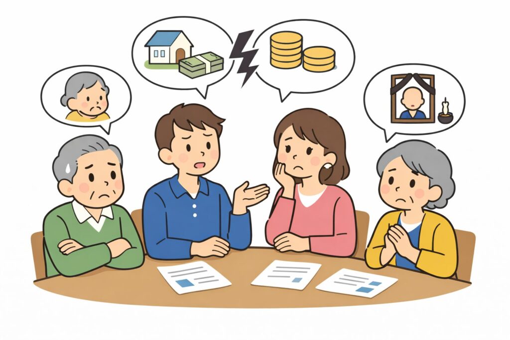 相続について家族が話し合いをしているが意見がまとまらず困っている様子のイラスト