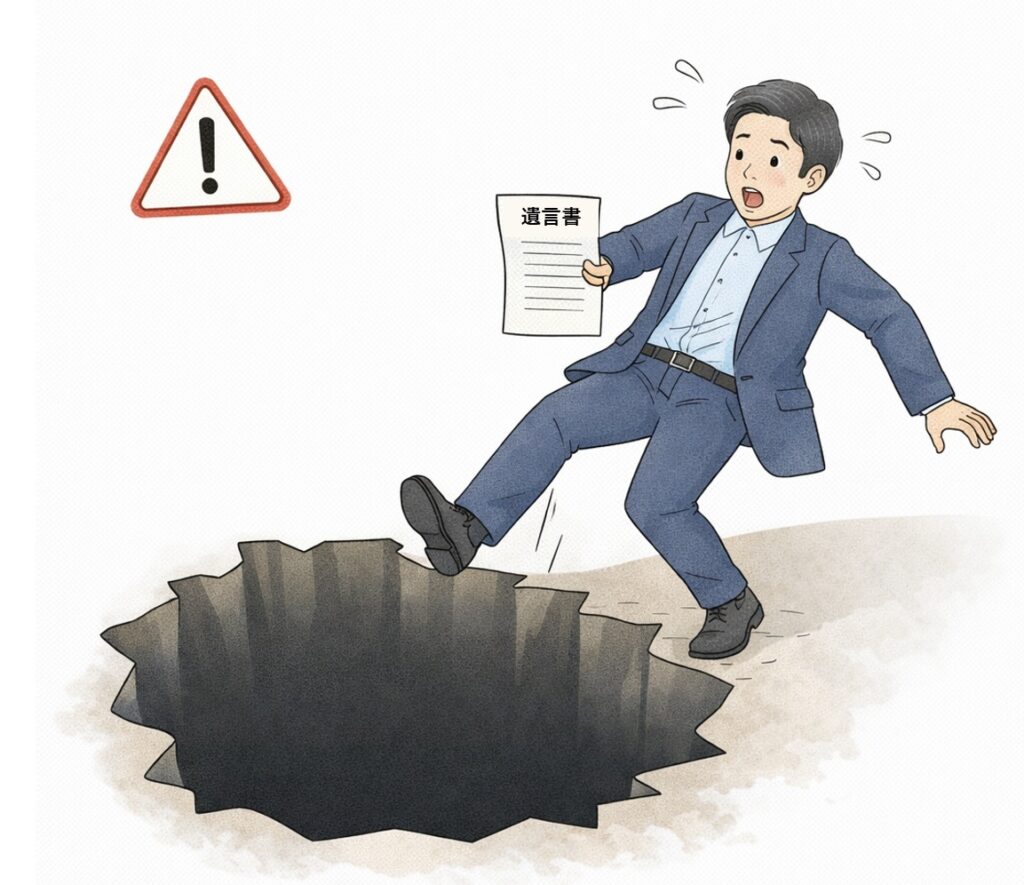 遺言書を持った男性が落とし穴に落ちそうになっている注意喚起イラスト