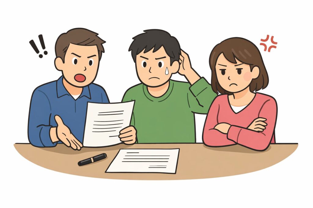 遺言書の内容に驚きや不満を感じている兄弟姉妹のイラスト
