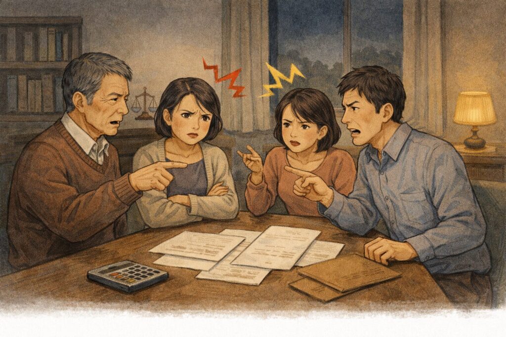相続トラブルで意見が対立し、テーブルを囲んで話し合う日本人家族の様子