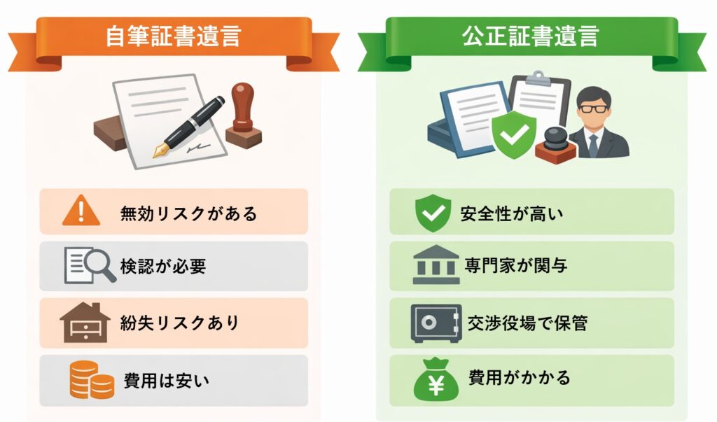 自筆証書遺言と公正証書遺言の違いをアイコンで比較した図解