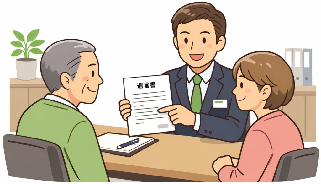 行政書士が遺言書について相談者に説明し、夫婦が安心して話を聞いている様子のイラスト