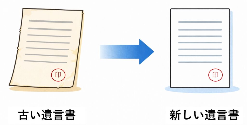 古い遺言書から新しい遺言書へ矢印で更新される様子を示した図解