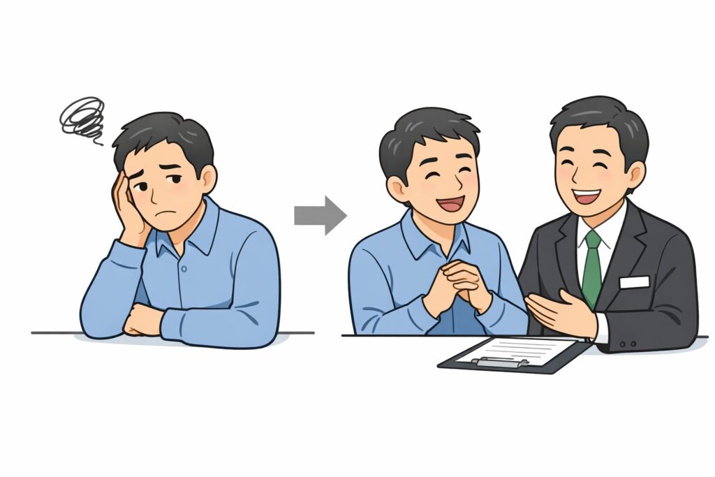 専門家に相談する前は悩んでいた人物が、行政書士の説明を受けて安心した表情に変わる様子のイラスト
