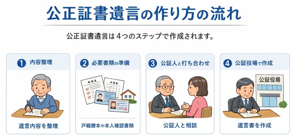 公正証書遺言の作成手順を4つのステップで示したフロー図