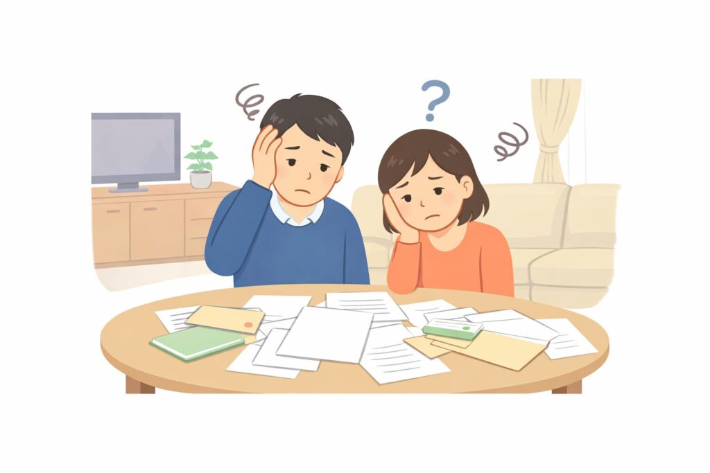 相続手続きの書類に囲まれて困っている日本人夫婦の様子