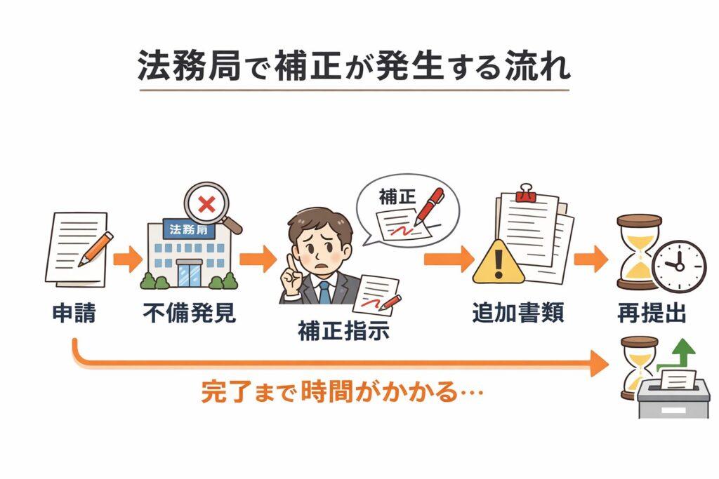 法務局での補正手続きの流れ（申請から再提出まで）を示した図解イラスト