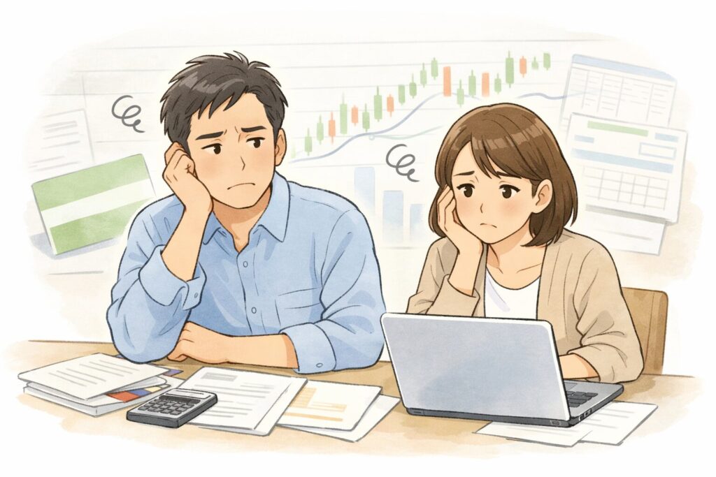 相続手続きに悩む30〜50代の日本人男女が、書類とノートパソコンを前に困っている様子。背景に株式や証券口座をイメージしたグラフ。